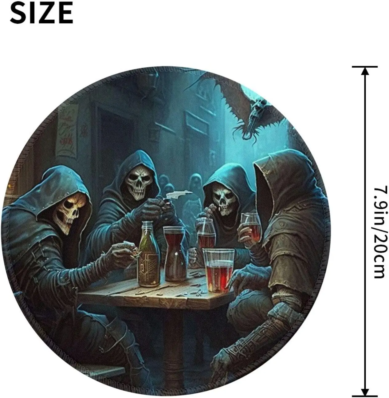 Skull Round Mouse Pad Non-Slip Rubber Grim Reaper Party Cool Gaming Mousepads with Stitched Edge for Office Work Computer Laptop