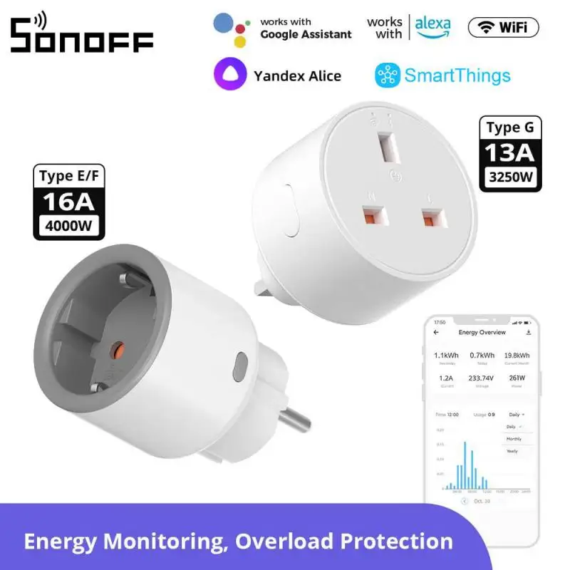 SONOFF Energy Monitoring WiFi Smart Plug S60TPF IPlug Swicth EU FR 4000W Work With Alexa Alice Smartthings Google Home Assistant