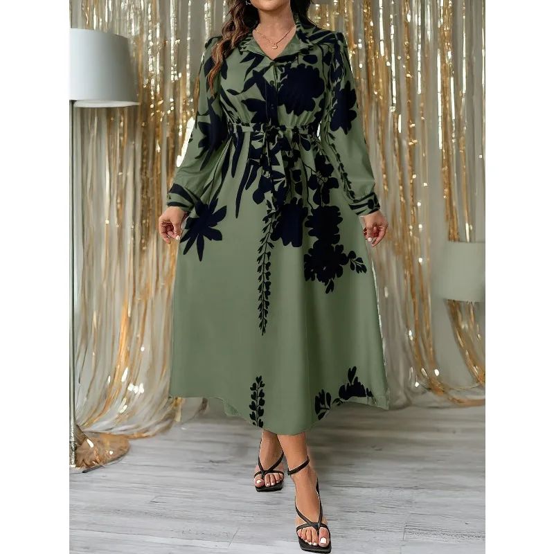 Plus Size 1XL-5XL Summer Dress Women Flower Floral Print Fashion Elegant Ladies Dresses Slim High Waist Dress