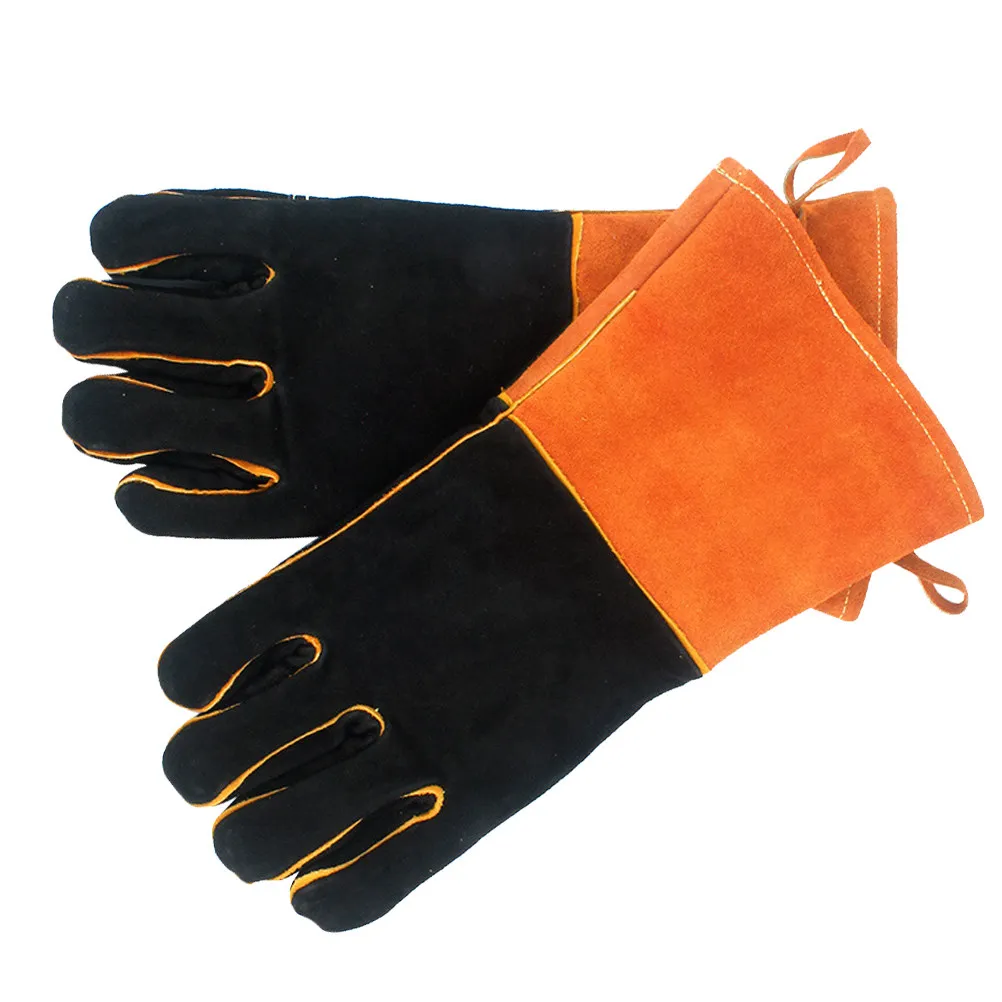1Pair Lightweight Yet Sturdy Bbq Gloves Cowhide Outer Polyester Lining Heat Resistant Outdoor Barbecue Gloves for Camping