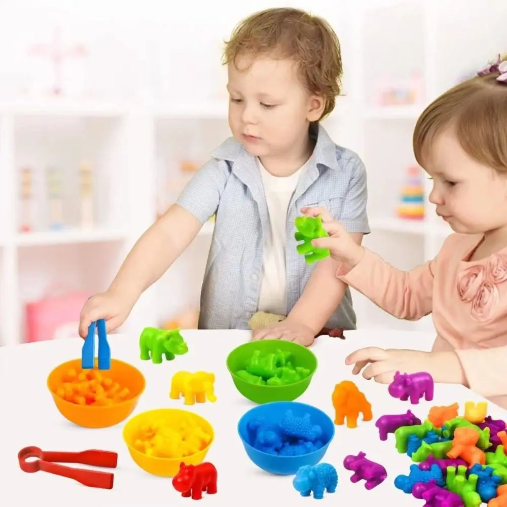 Plastic Sorting Game Animal Puzzle Toy with Rainbow Bowls Counting Dinosaur Color Matching Game Portable Montessori