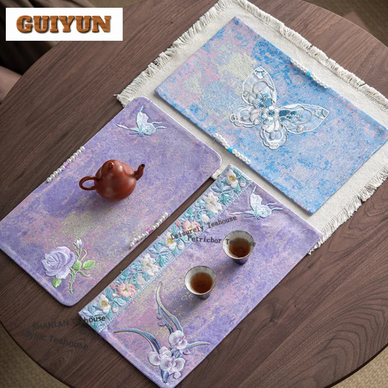 

Purple Brocade Butterfly Tea Table Mats Aesthetic Drink Coaster Household Dinner Table Cloth Mat For Tea Supplies Ornaments