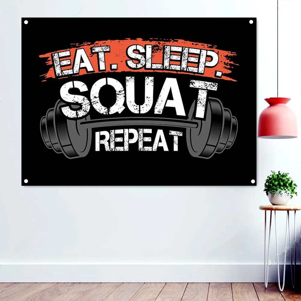 

"EAT. SLEEP. SQUAT REPEAT" Gym Inspirational Quote Poster Wallpaper Hanging Paintings Yoga Fitness Sports Workout Banner Flag