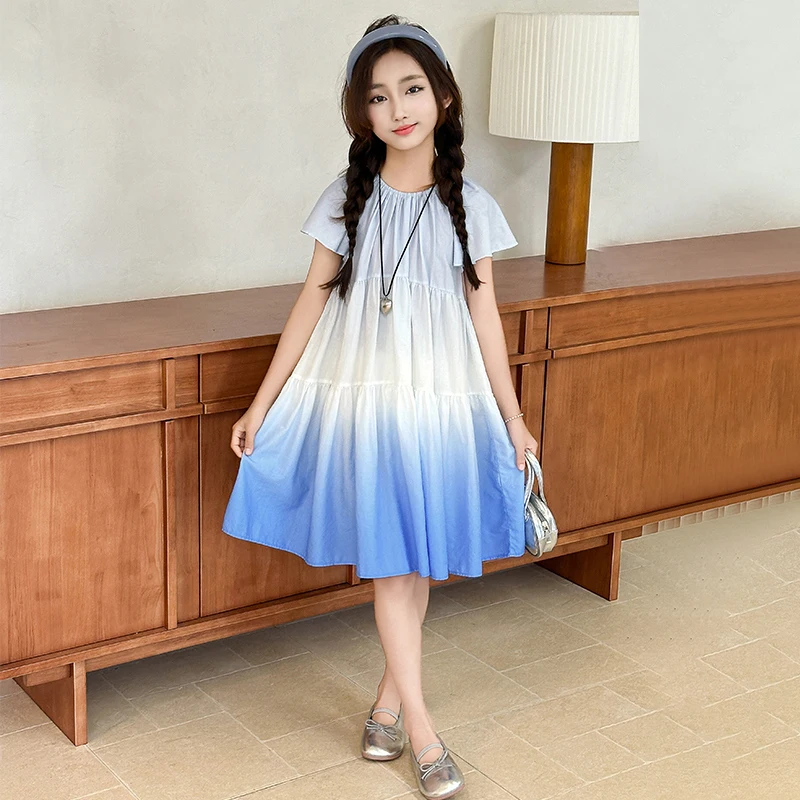 2025 New Children's Hanging Dyeing Ice Flower Dress Short Sleeve Girl's Blue Sky White Cloud Princess Dress Baby's Skirt