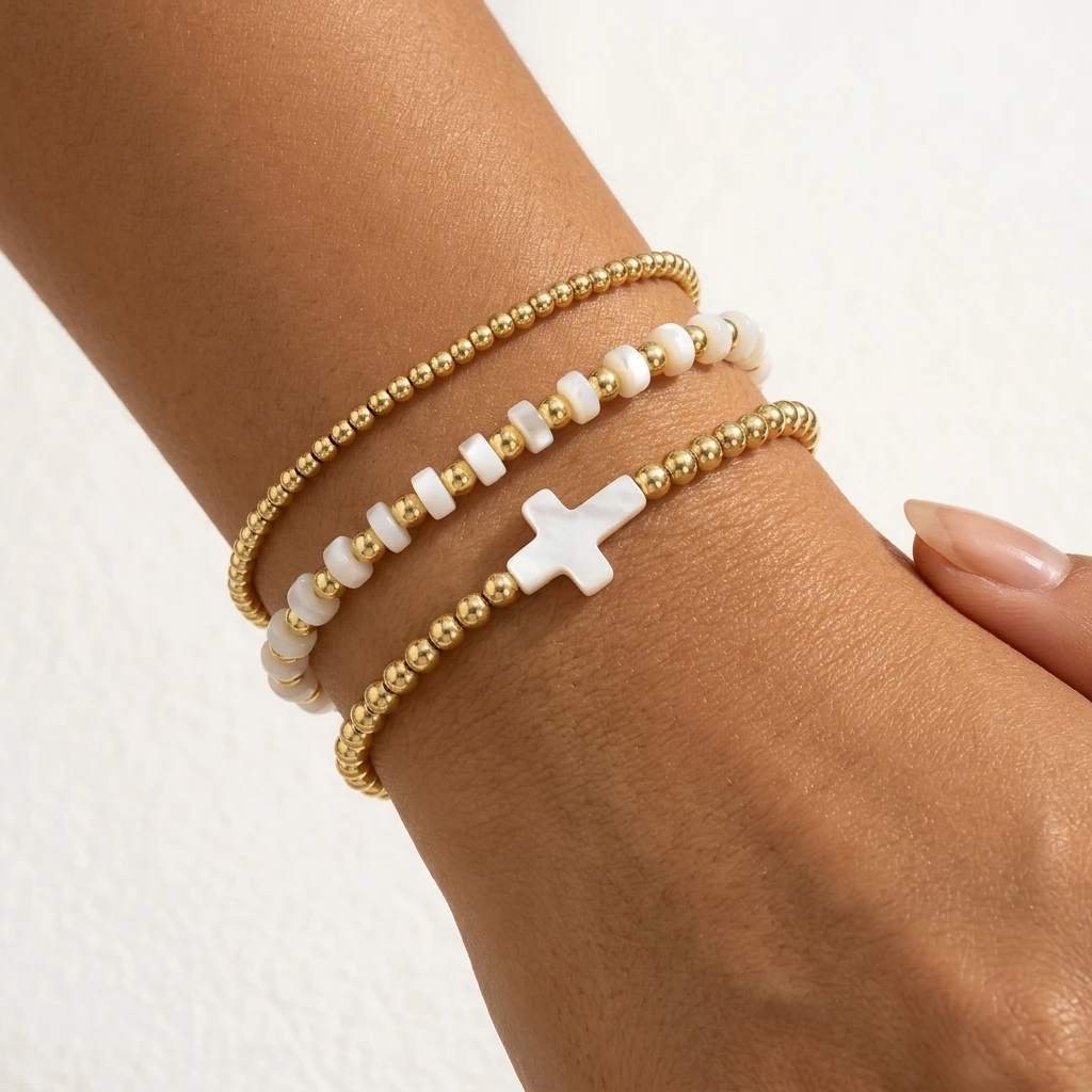 

Набор из 3 пластиковых браслетов с бусинами, богемные браслеты с крестом, эластичные браслеты для женщин