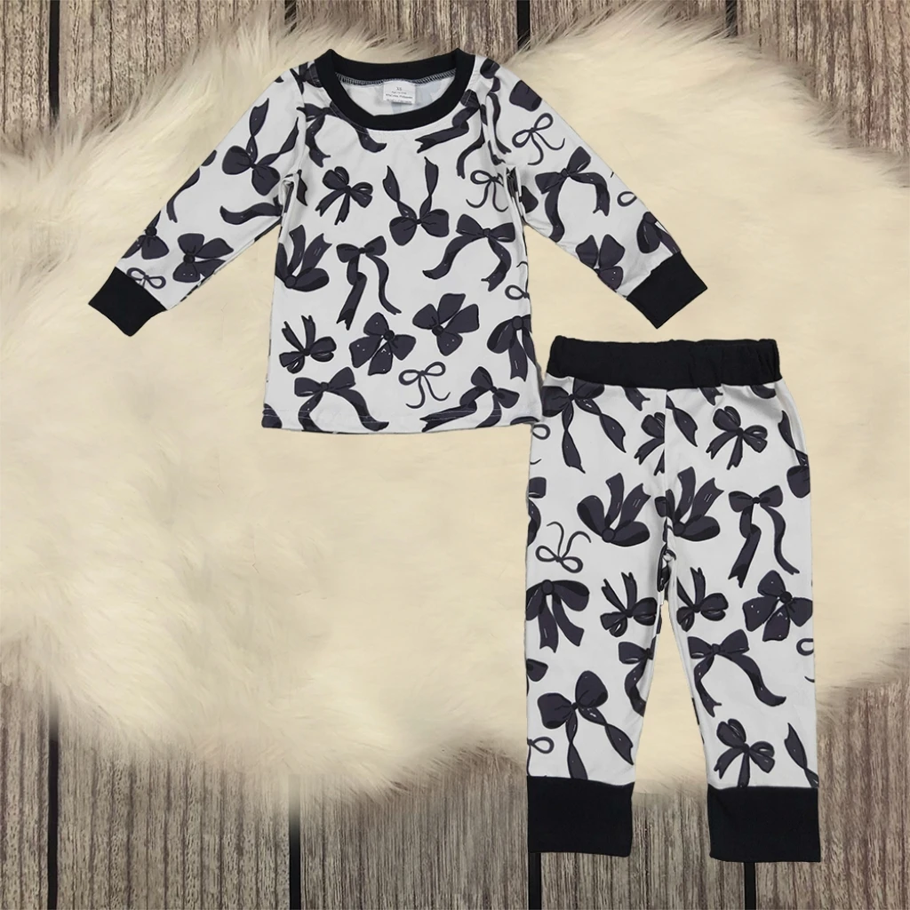

Kids Toddler Pajamas Set Baby Girl Long Sleeve Black Bows Sleepwear Outfit Infant Pullover Tops Child Pants Spring Fall Clothing