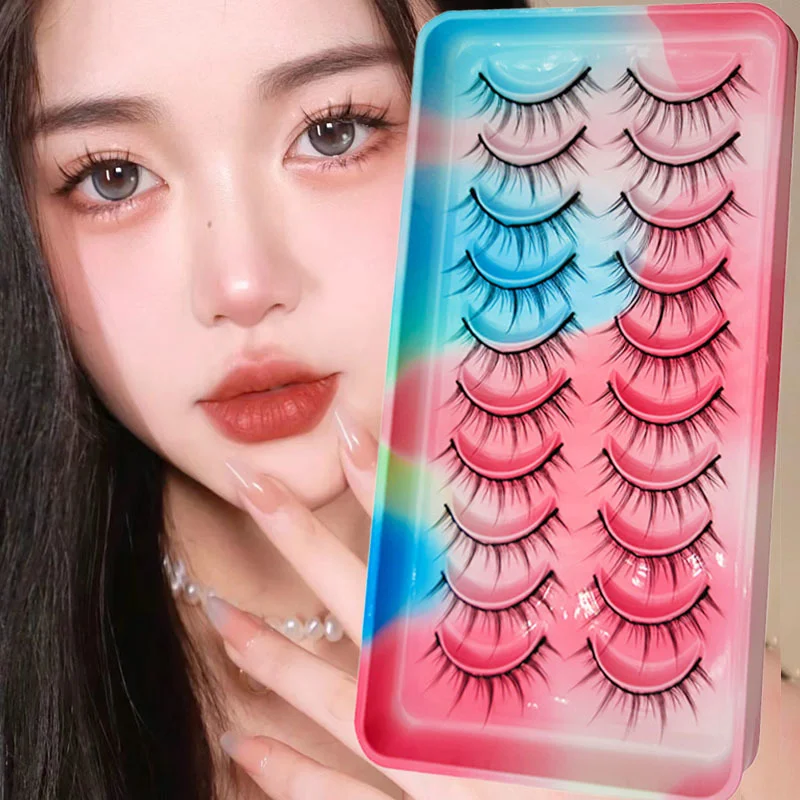 Natürliche Wimpern, 5/10 Paar, 3D-Manga-Wimpern, natürliche kurze Manga-Wimpern mit vollem Streifen, klares Band, weiches Licht, natürliche Anime-Wimpern – Detail 1