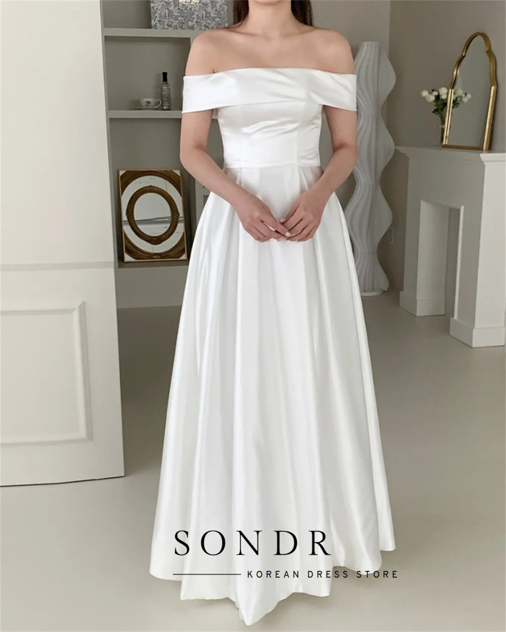 Sondr U-Boot-Ausschnitt, koreanische Brautkleider, elegantes, bodenlanges A-Linien-Abschlussball-Partykleid, Korsett-Rücken, maßgeschneidertes Satin-Abendkleid