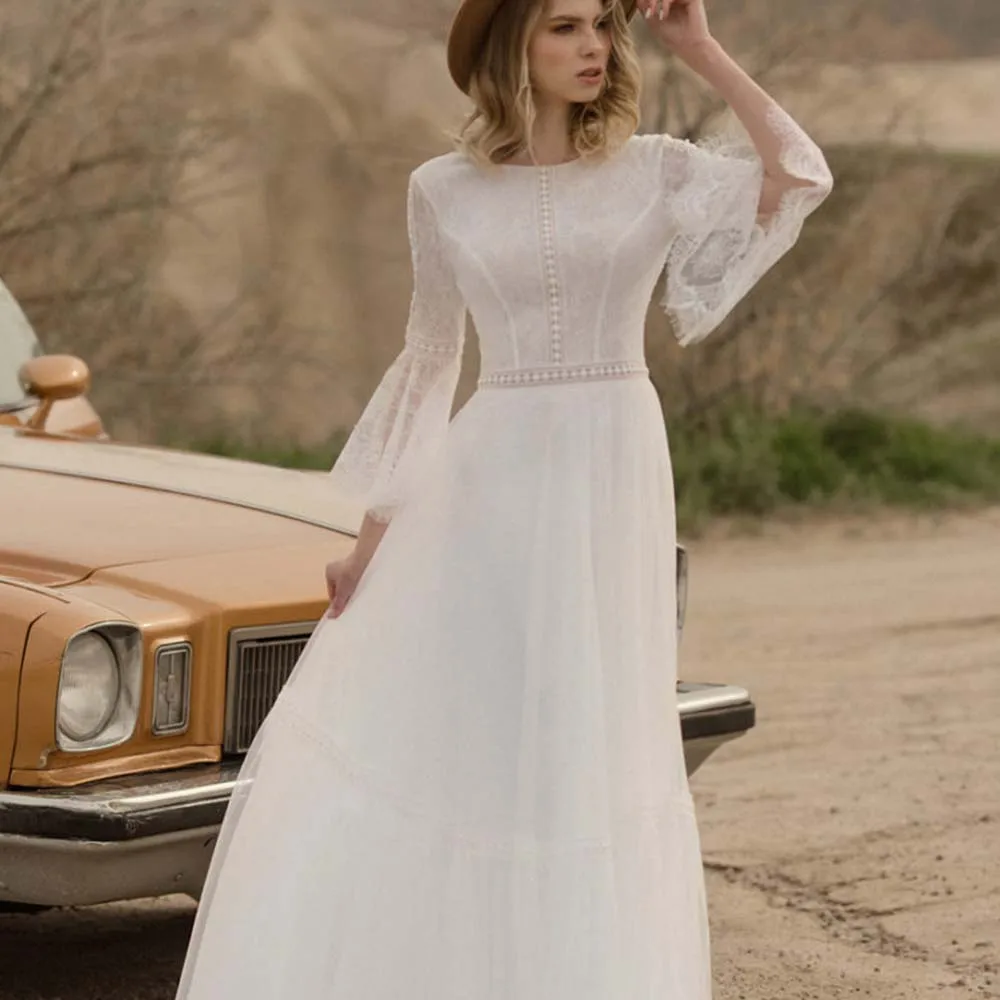 Vestido de novia de ensueño con cuello redondo y Espalda descubierta, Sexy de tul con ilusión vestido de novia, cinturón de manga acampanada, línea A, Vintage