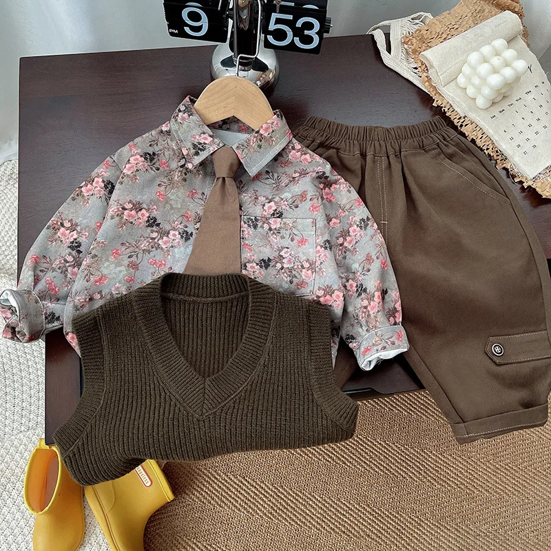 Baby Boy Clothes Autumn Three Pieces Sets For Children Flower Shirt+Sweater Vest+Pants 3PCS Suits Toddler Daily Outfit 1-5 Years