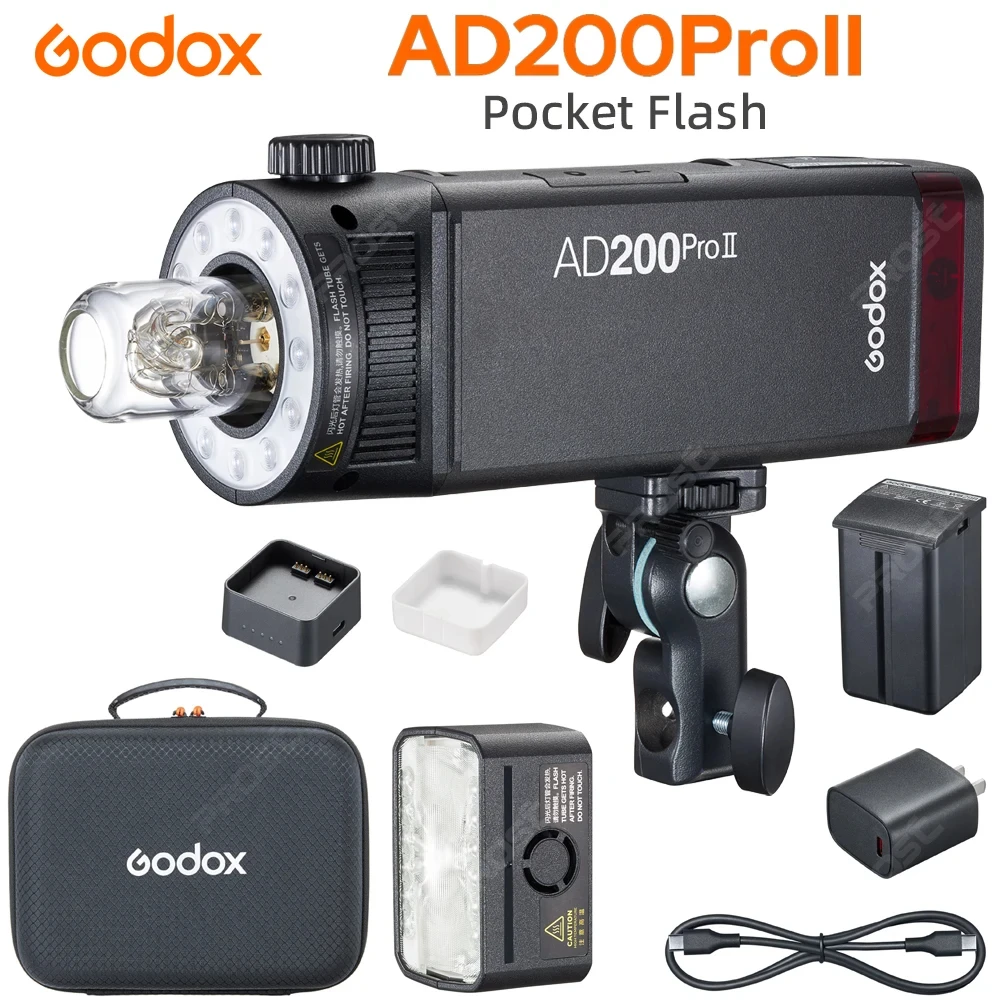 Godox AD200 pro II Flash 200Ws 1/8000 HSS 2980mAh Battery with 2.4G Wireiess X System Bi-color Modeling Lamp Flash Speedlight