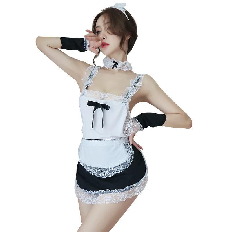 Uniforme transparent sexy pour femmes, lingerie sensuelle, ensemble de tentation, tenue de femme de chambre en dentelle pour charme séduisant et