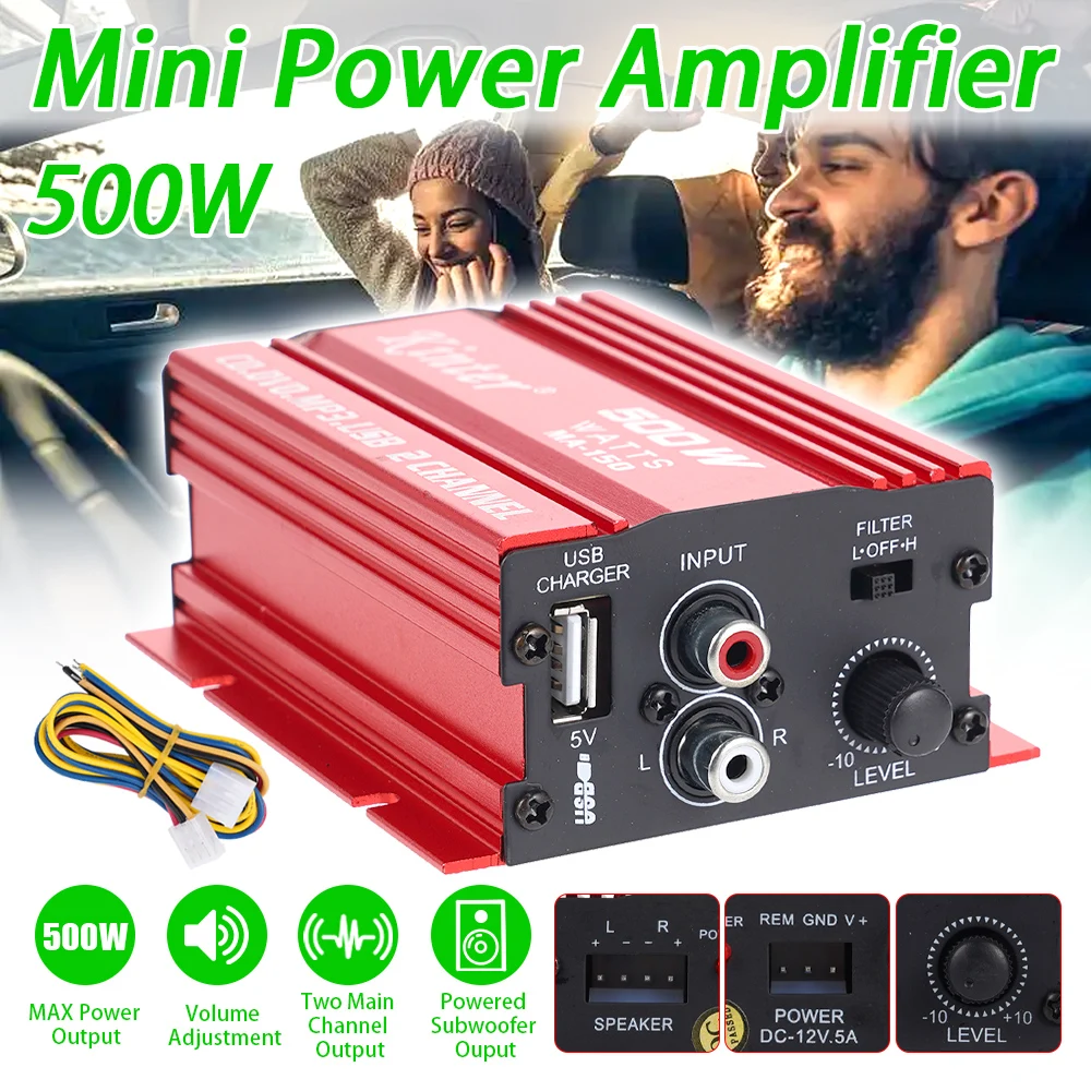 500W Car Mini Power Amplifier 2 Channel Output MA150 HiFi Digital 12V Stereo Audio CD DVD MP3 Power Amplifier for Motorcycle