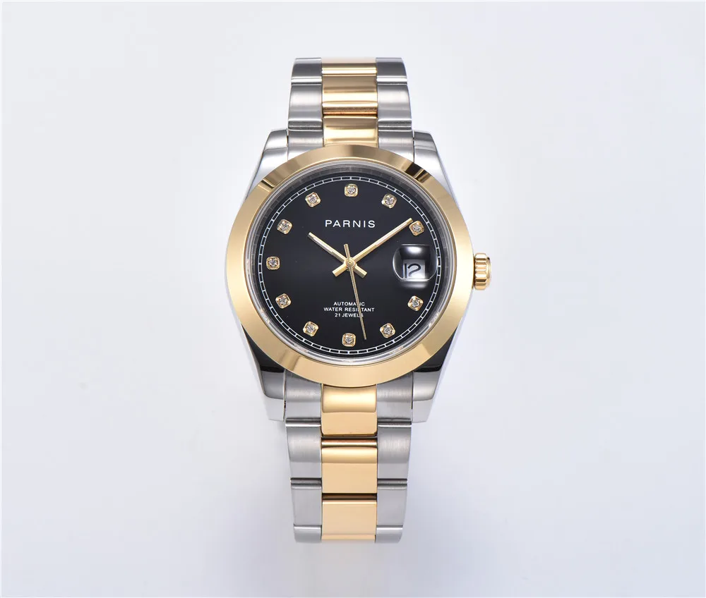 Parnis 39.5mm Gold Bezel Smooth Bezel Elegant Diamond Dial Automatic Men Wristwatch Polished Solid 316L Stainless Steel Case