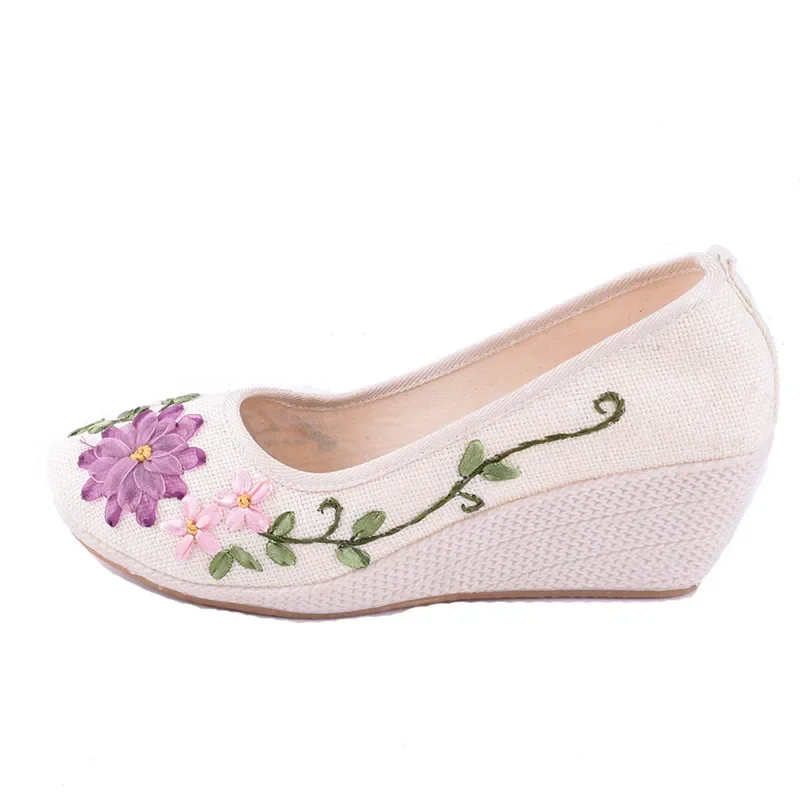 CEYANEAO Embroidered Women Shoes Ethnic Natural Linen Shoes Slope Heel Retro Cloth Canvas Soft-soled Dance Single ShoesE1360