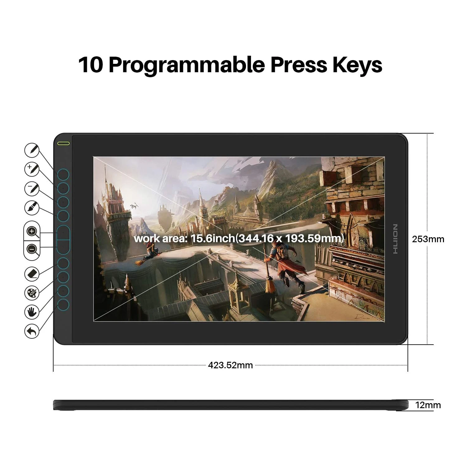Huion Drawing Tablet KAMVAS 16 Pen Display 15.6 Inch Full-Laminated Screen Battery-Free Sylus 10 Press Keys, Android Supported
