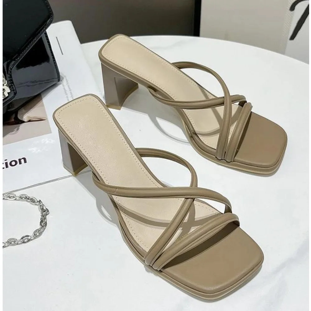 

Comemore Open Toe Sandals Retro Square Toe Narrow Band Gladiator Sandales Outdoor Casual Rome Thick Heel Solid Shoes for Women