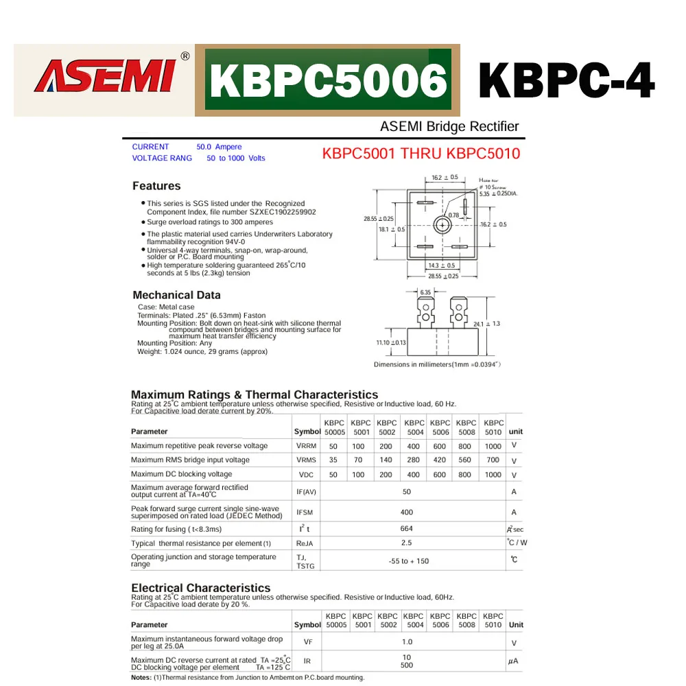 KBPC5006 50A 600V Einphasiger Brückengleichrichter 180mil KBPC-4 Quadratisches Design für Elektrische Anwendungen ASEMI – Detail 6