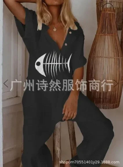 

Women Jumpsuit Print Pocket Romper V Neck Cotton Linen Printing Loose Wide Legs Casual Pants Romper Streetwear Autumn Spring