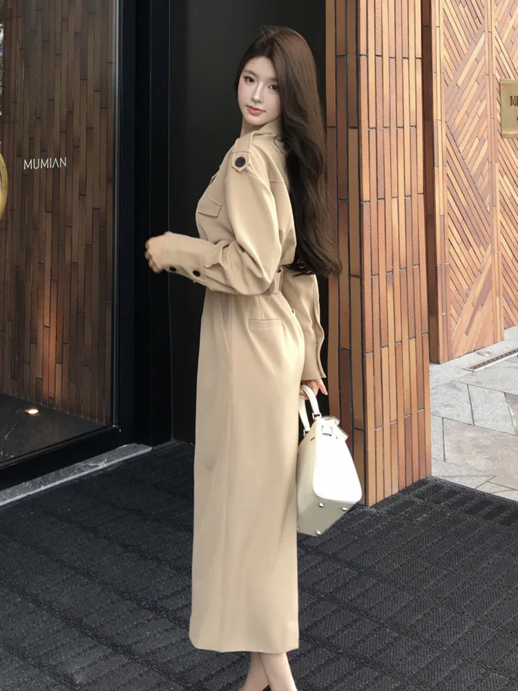 High Quality French Elegant Fashion Long Dresses For Women 2024 New Fall Korean OL Windbreaker Dress Vestidos Largos Robe Femme