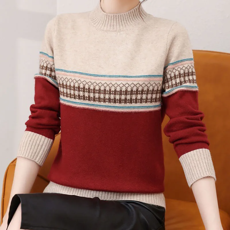 Nice 2025 Color Blocking Autumn Winter Sweaters Loose Long Sleeved Western-style Inner Top Semi High Neck Knit Sweater Women Car