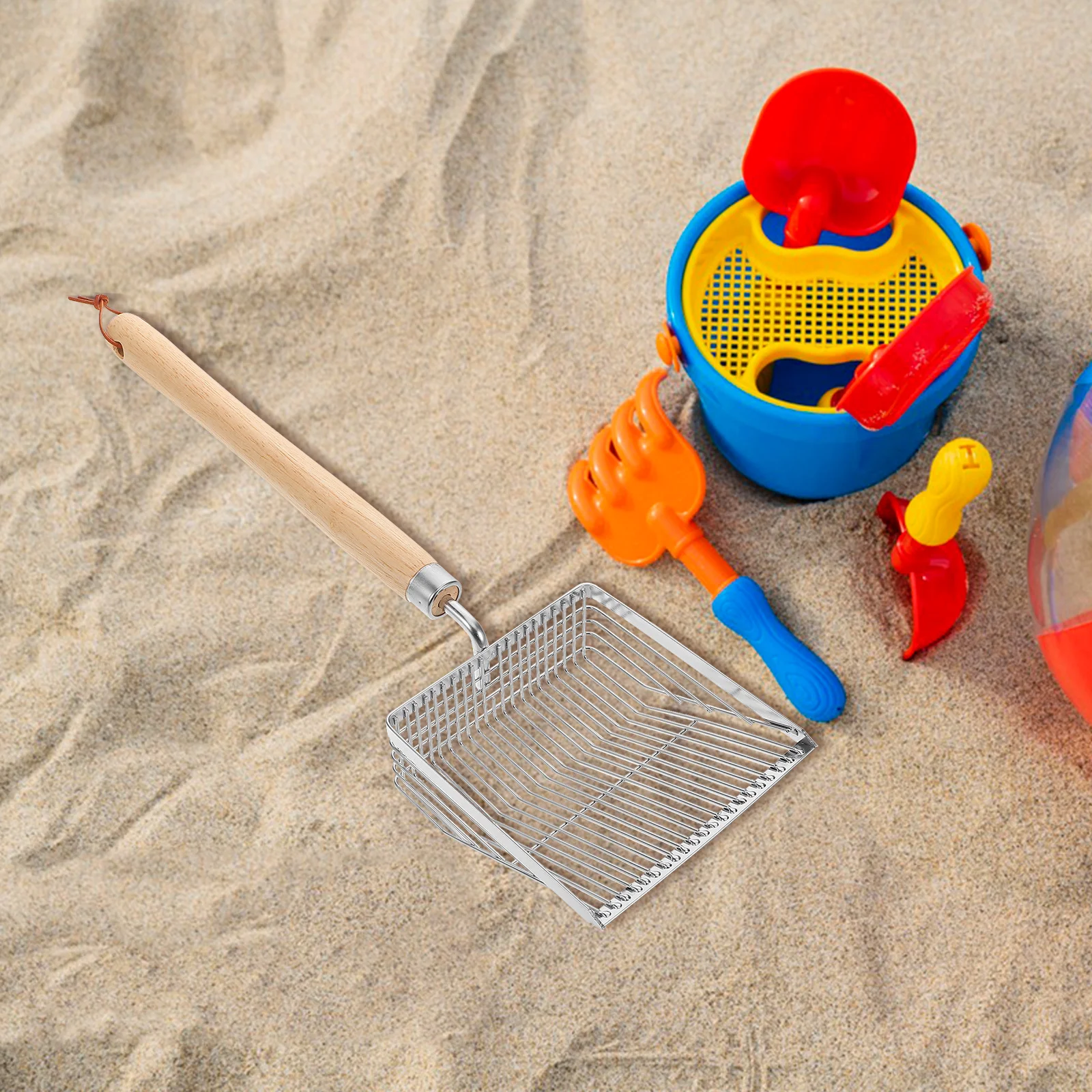 Tamiz de arena portátil de acero inoxidable para playa, mango de madera, diseño de malla extendida, carcasa eficiente para recoger actividades al aire libre para niños