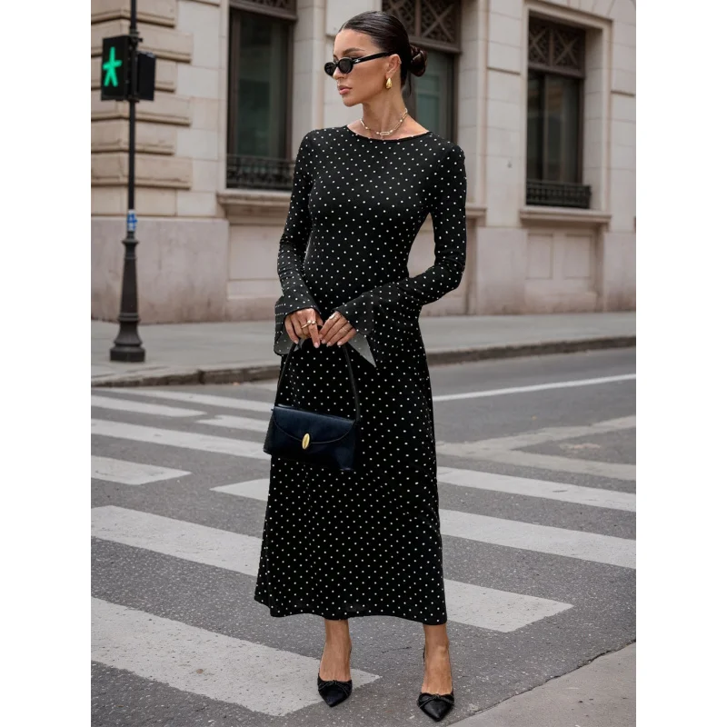 

YQ1-Socialite Black Polka Dot Dress for Women, Autumn and Winter Long Sleeve, Backless Slim Fit, Tie Back Long Dress