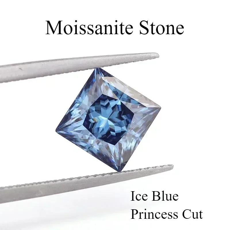 

Moissanite Stone Ice Blue Colored Princess Cut Gemstone Lab Created Diamond Jewelry Making Materials Comes with GRA Certificate