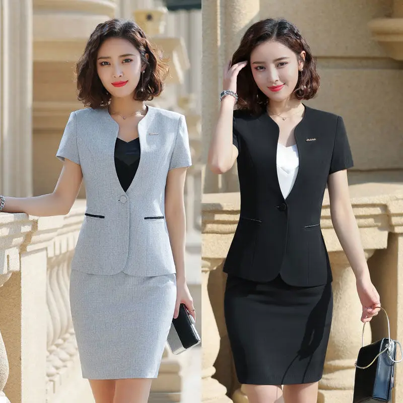 

8829Summer short-sleeved stand-collar work uniform, professional attire, women's suit, formal wear, women's skirt suit, work clo