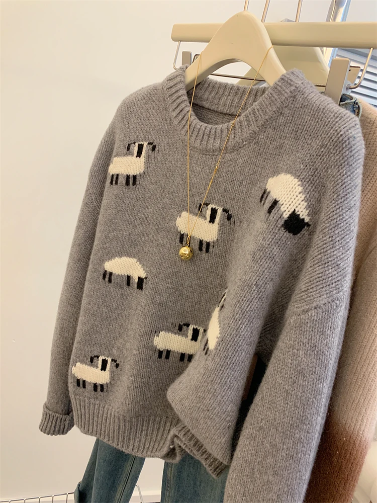 Korean Fashion Sweet Casual Knitting Long Sleeve Pullovers Women Autumn Winter Y2K Jumpers Animal Print Round Neck Retro Sweater