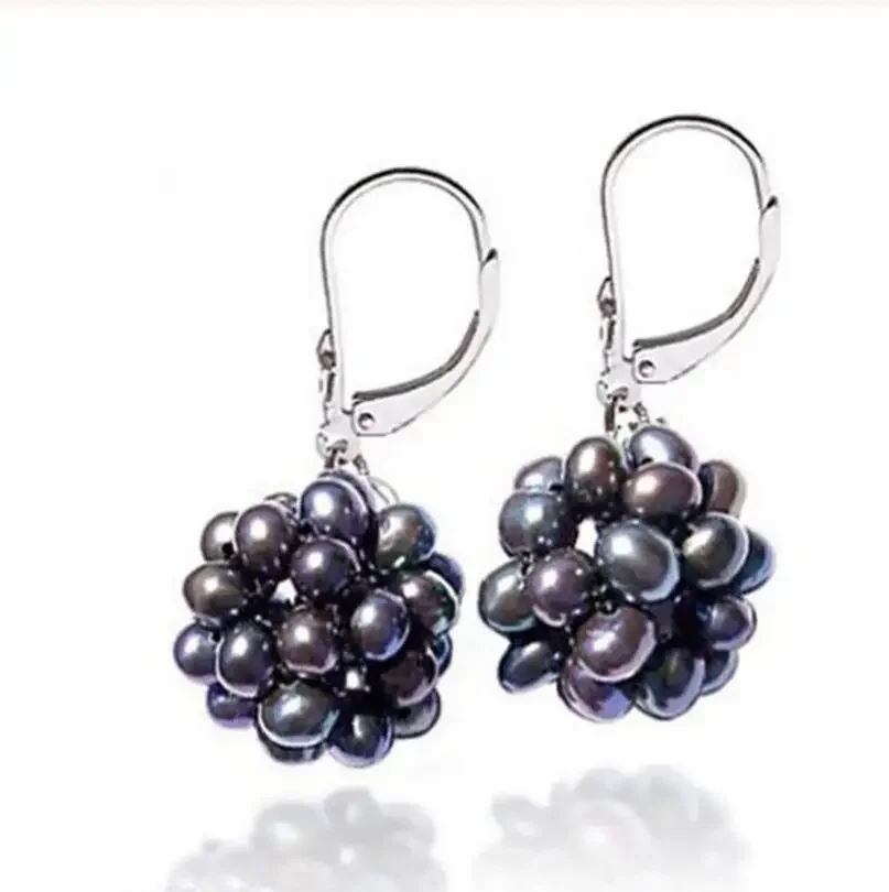 

Pair Real Genuine Black Pearl Balls White stone Hook Earrings