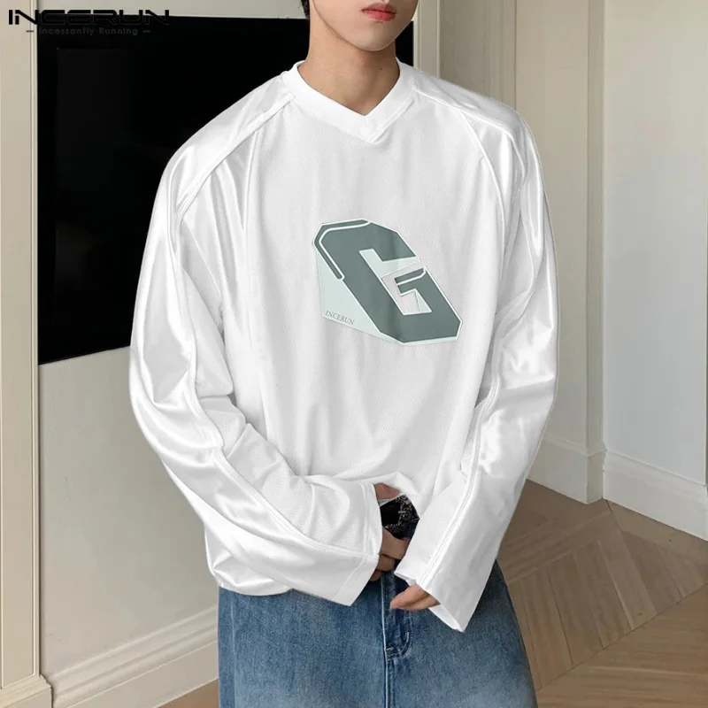 Men Casual Long Sleeve Tops INCERUN Hansome Simple jersey Round Neck Street Fashion Tees Printing CommutingLoose T-shirts S-5XL