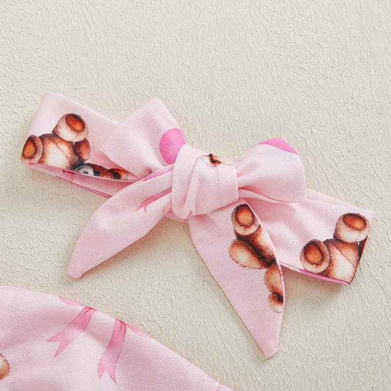 طفلة 2 قطعة ملابس الربيع طويلة الأكمام جولة الرقبة الدب القوس طباعة رومبير مع عقال مجموعة ملابس الرضع