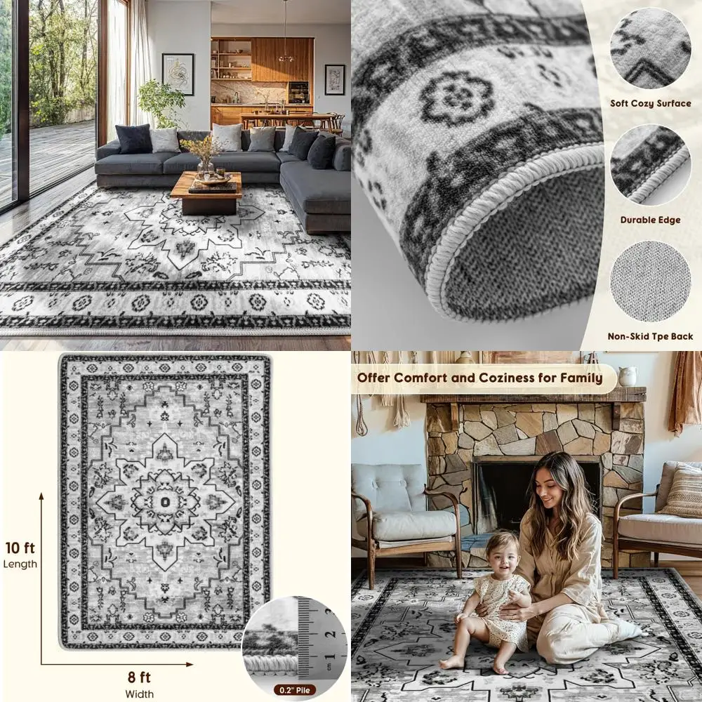 8x10 Living Room Washable Rugs - Non-Slip, Easy to Clean, Soft, Stain Resistant Carpet with Low Pile for a Bohemian Style