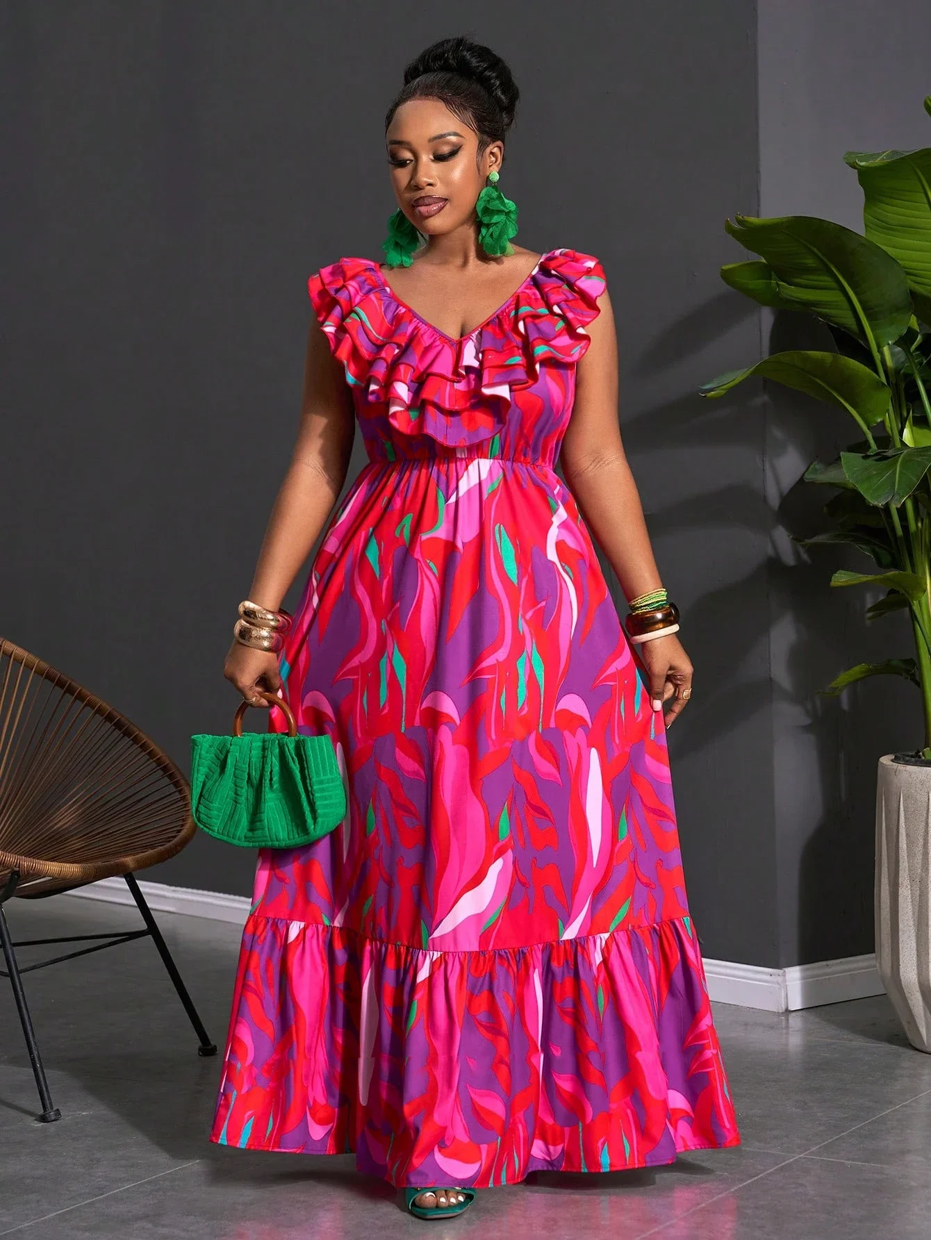 

V-Neck Ruffled Plus Size Maxi Dress With Bold Abstract Print, Loose A-Line Fit For Summer Events And Daily Wear