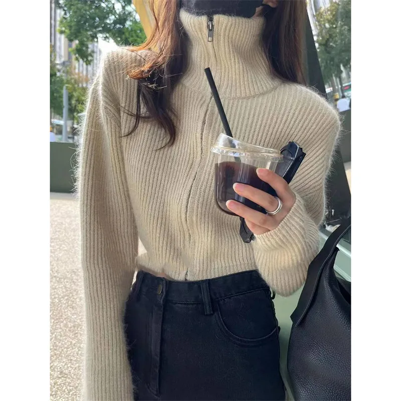 

Thiened Long Sve Sweater Jaet Women's Faion Double Zipper Stand Collar All-Match Dongda Gate New Arrival 2023 Autumn...