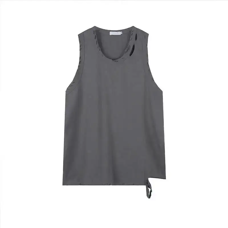 Solid Color Men's Sleeveless Tank Top Gray Ripped Irregular Hem Loose Casual T-shirts Summer New Loose Sports Tee 7NO5