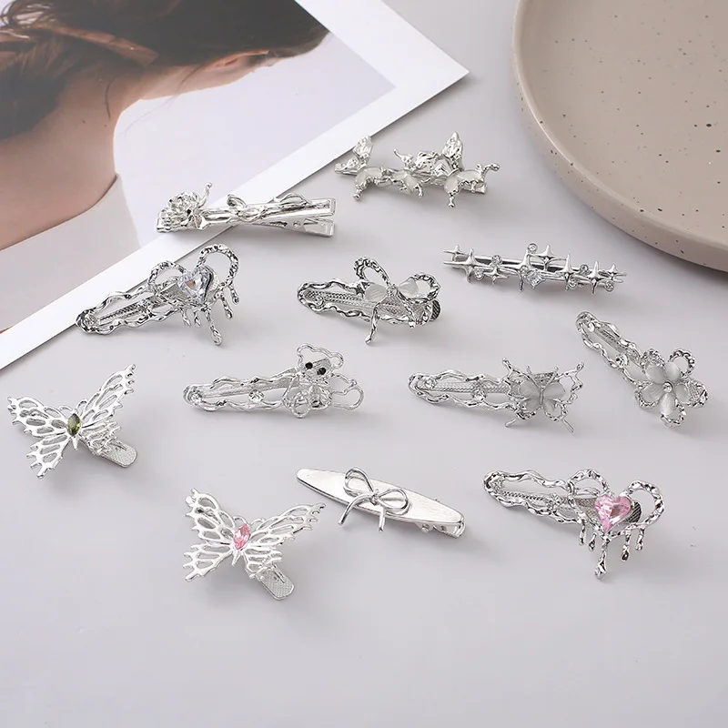 

Silver Bow Sweet and Cool Metal Small Star Side Hair Clip Niche Design Liquid Metal Bangs Clip Exquisite Duckbill Clip Headband