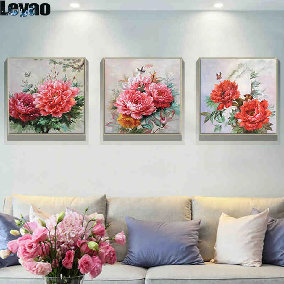 Plant flower Rich Peony Triptych Diamond Embroidery 5D diy Diamond Painting Mosaic Cross Stitch Kits 3pcs/set Flowers Home Decor