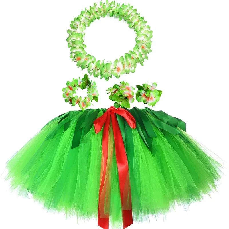 Green Flowers Hawaii Tutu Skirt Outfit for Girls Hula Party Dress Up Costumes for Kids Luau Ballet Princess Tutus with Garland