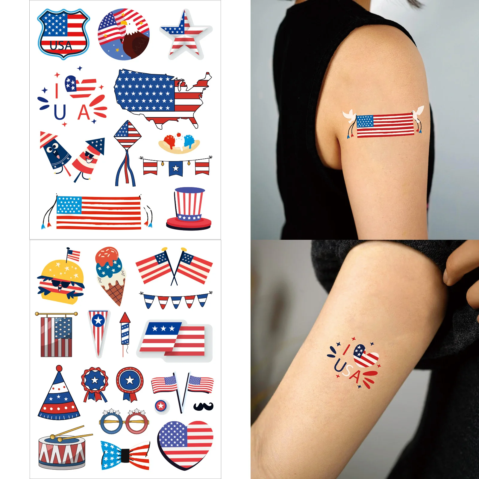 

2 Sheets American Flag USA National Day Tattoo Stickers Body Art Stickers Independence Day Element Tattoo Stickers 타투스티커