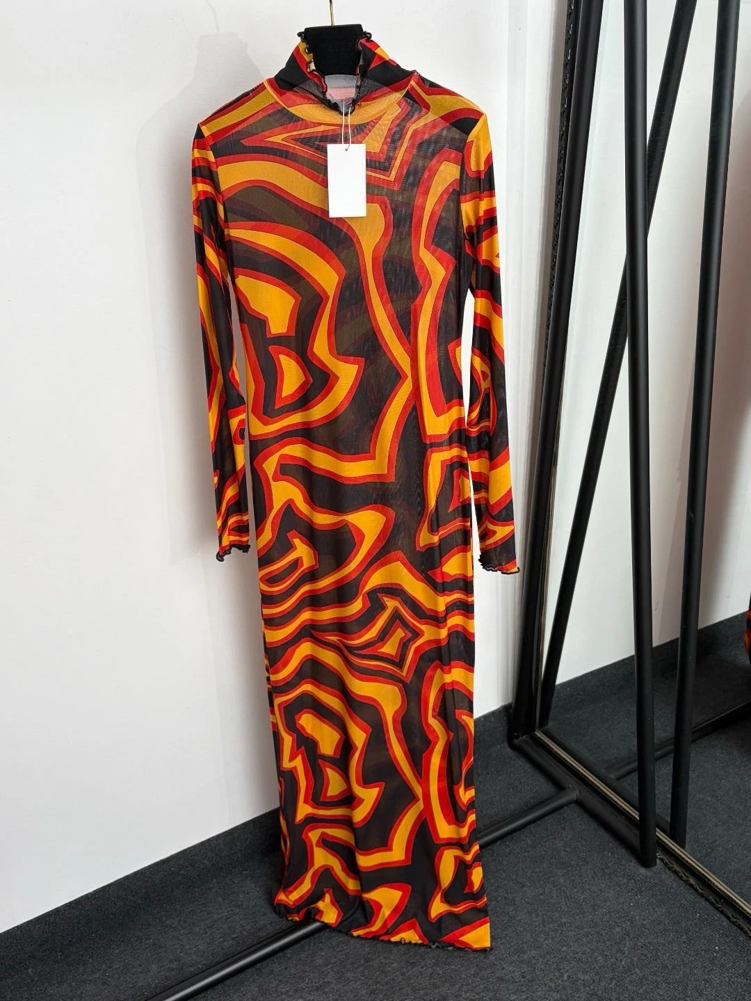 Party fashion elegant geometric color blocked printed floor length skirt, semi high neck slim fit long sleeved mesh dress image 3