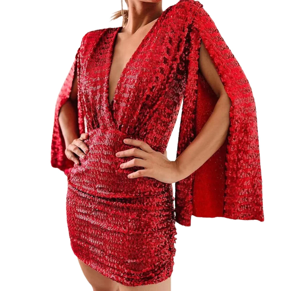 Vestido de lentejuelas para mujer, fiesta nocturna, manga acampanada, cuello en V profundo, minivestido Sexy sin espalda, ceñido al cuerpo, vestido con purpurina brillante