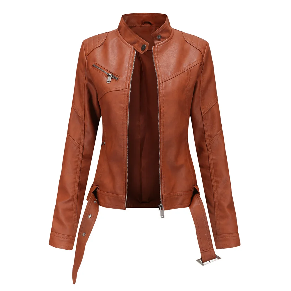 Spring and Autumn Jacket Female Casual Jacket Biker Leather Jacket Large Size Slim Leather Jacket Standing Collar Thin Section