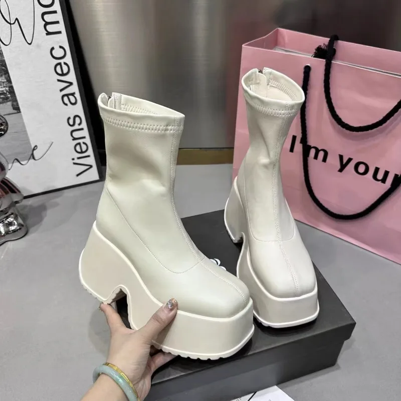 Sepatu Bot Tinggi Wanita Sepatu Bot Kulit Kasual Modis Sepatu Bot Elastis Ramping Sepatu Bot Platform Ujung Persegi Sepatu Bot Pendek Ritsleting Gaya Punk