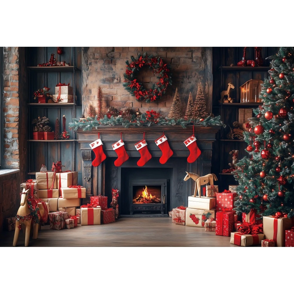جدار أحمر عيد الميلاد التصوير خلفية الموقد جارلاند شجرة عيد الميلاد ديكور حفلات الأسرة صورة الاطفال صورة صور الخلفيات