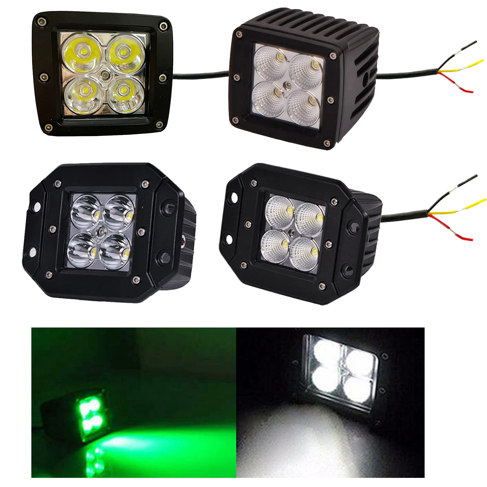 

Green/White Led Pods Light Bar 3 Inch 24W Square Work Driving Hunting Fishing 12V/24V Fog Cube Light Waterproof Spot/Flood Beam