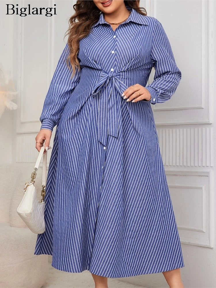 

Plus Size Autumn Striped Print Shirts Dress Women Slim Waist Fashion Ruffle Ladies Dresses Long Sleeve Loose Pleated Woman Dress