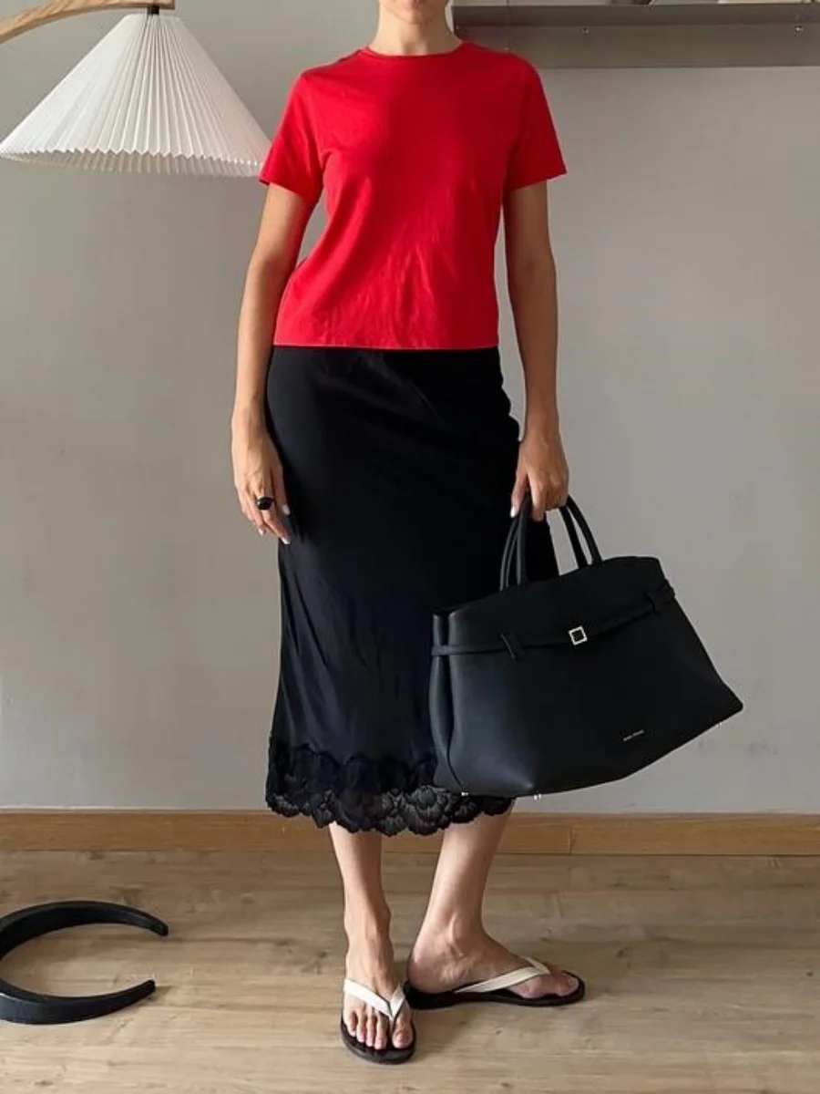 

Women Slim Half Slip Long Skirt Lace Trim Satin Underskirt Elastic Waist A line Silky Slips Skirt for Under Dress