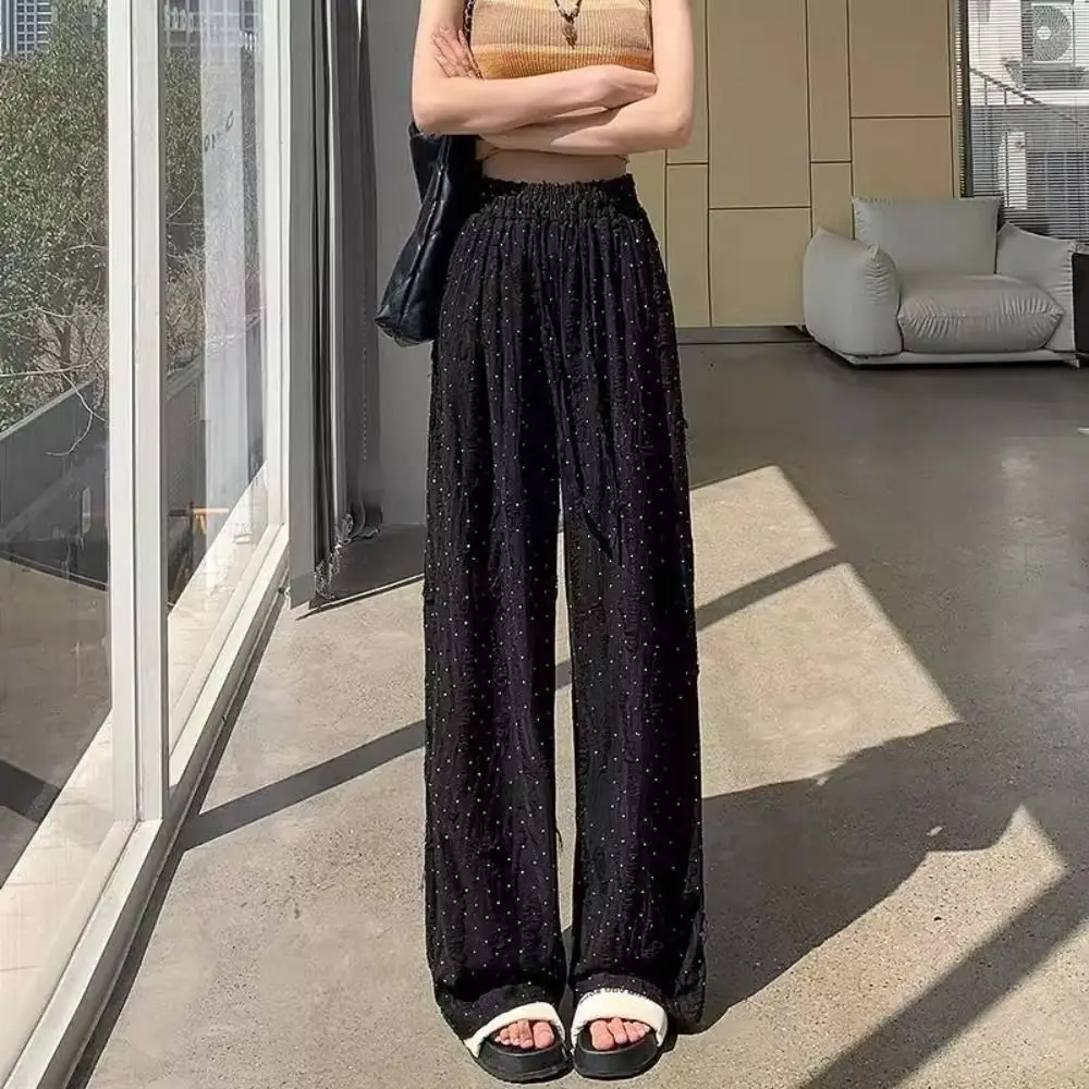 

Comfortable Solid Color Casual Straight Leg Pants Rhinestone Baggy Wide Leg Long Pants Shining Summer Clothes Ripped Pants Daily